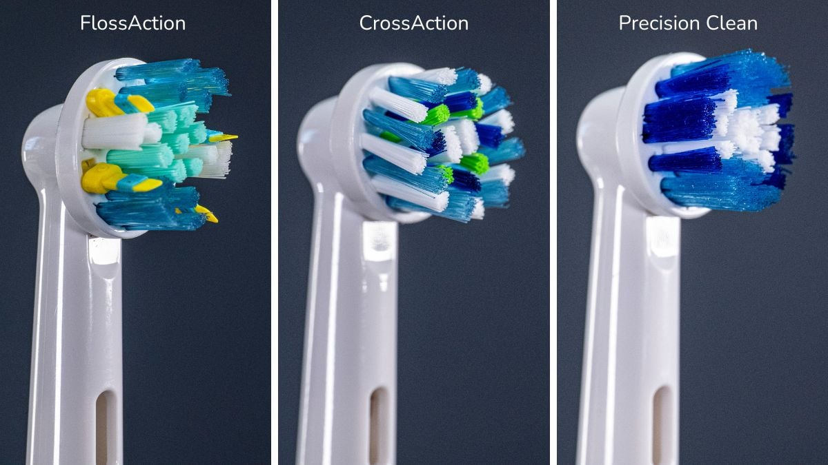 Oral-B's FlossAction, CrossAction and Precision Clean brush head size by side