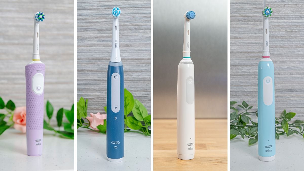 4 different Oral-B toothbrushes that have no clenaing mode icons or labels
