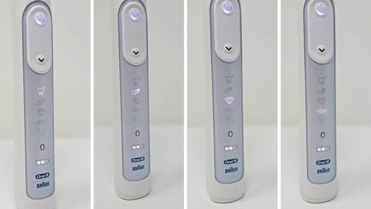 4 images of an Oral-B Genius handle with different mode icons lit