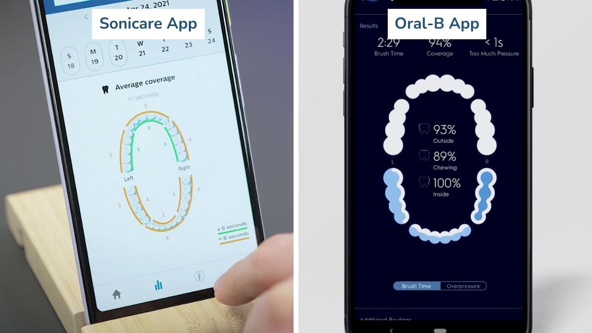 2 images of the Oral-B and Sonicare smartphone apps for smart toothbrushes